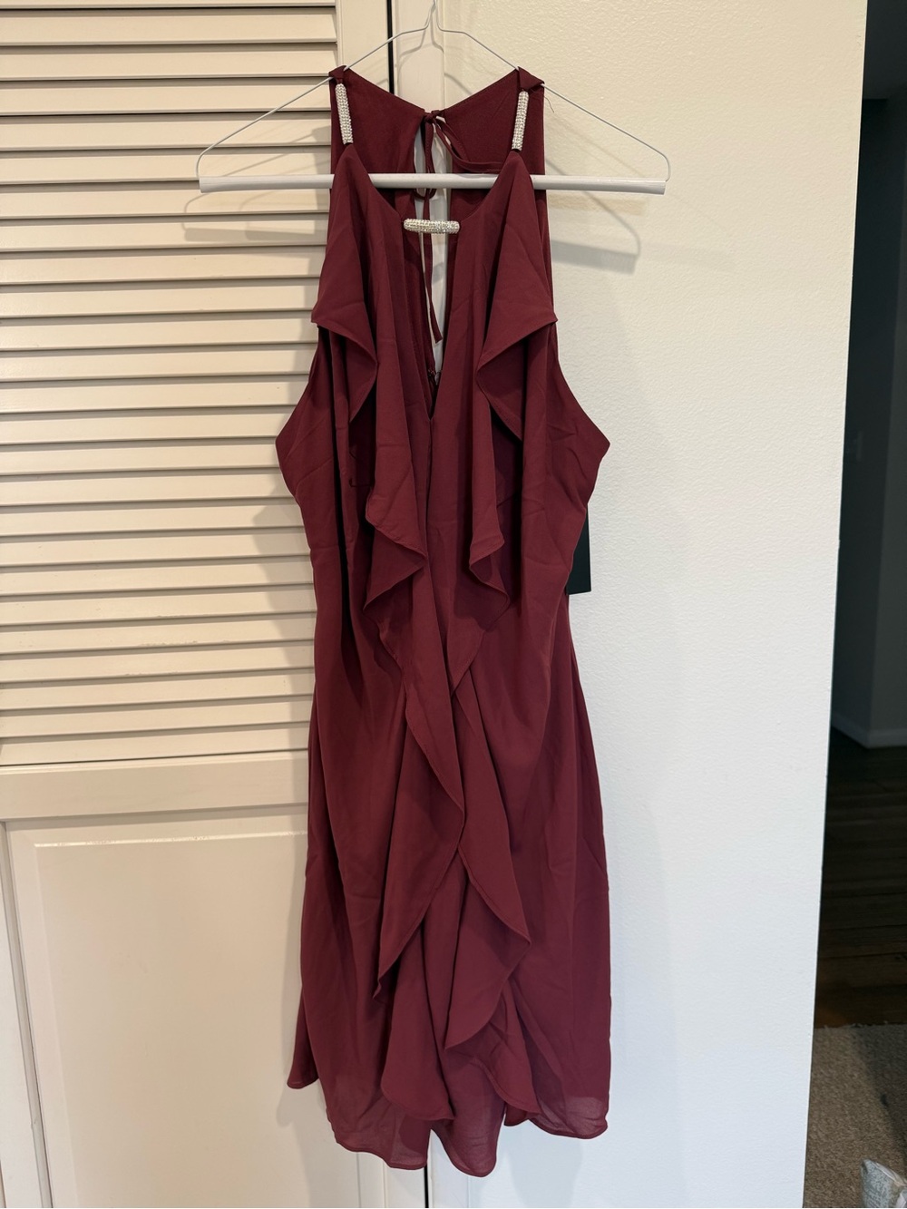 NWT Ruffled Sleeveless Cocktail Dress - Burgundy w/ Rhinestone Halter Sz 14